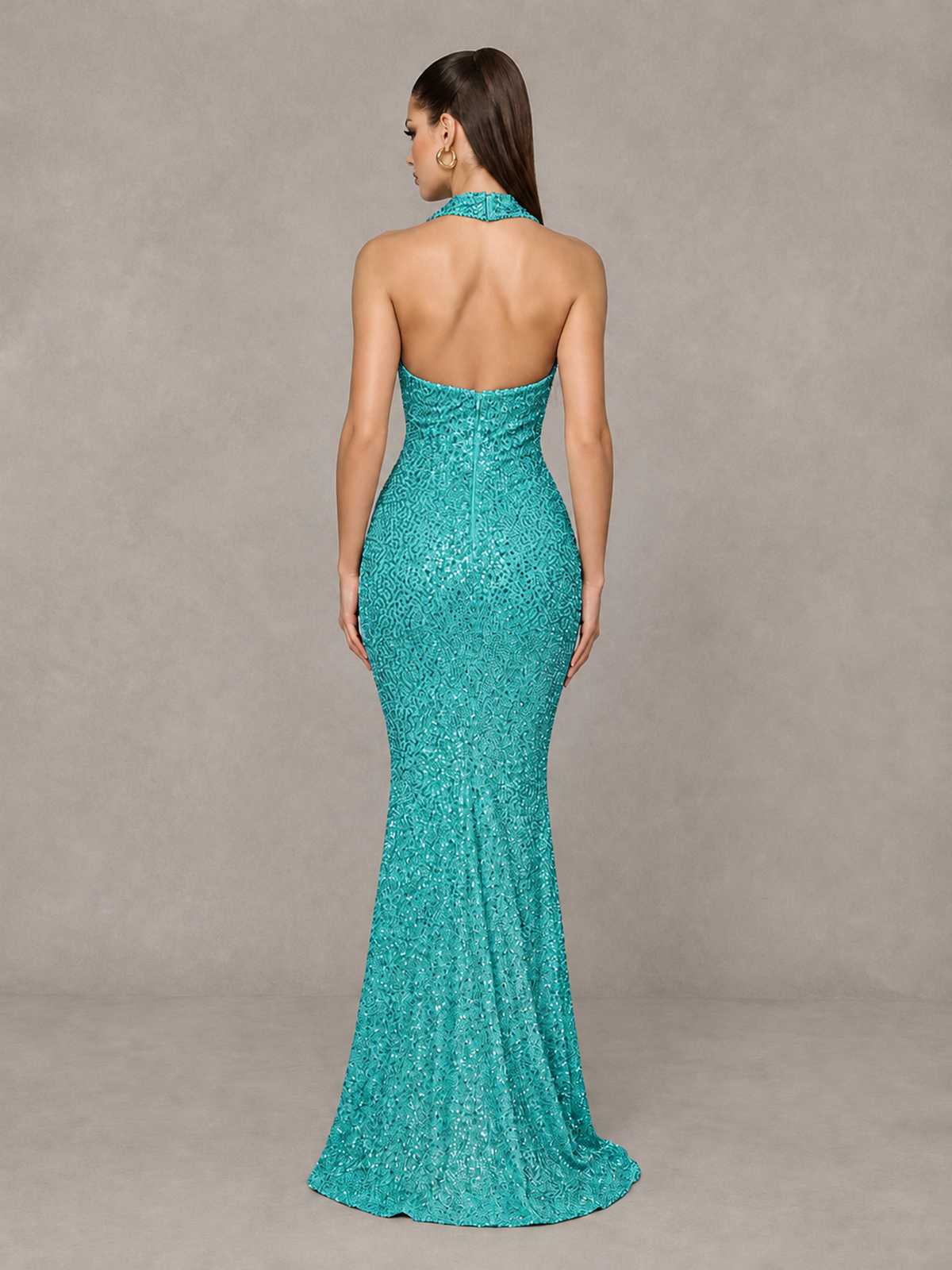 BOLODOO Turquoise Sequin Halter Mermaid Evening Gown - Turquoise - Turquoise (2)