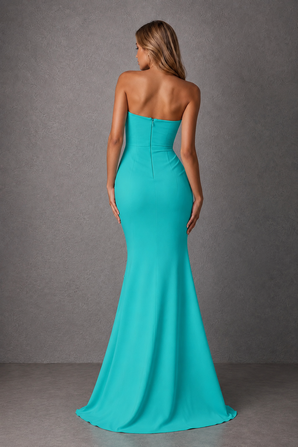 BOLODOO Turquoise Strapless Sweetheart Ruched Mermaid Gown | Cascade Drape Formal Evening Dress - Turquoise