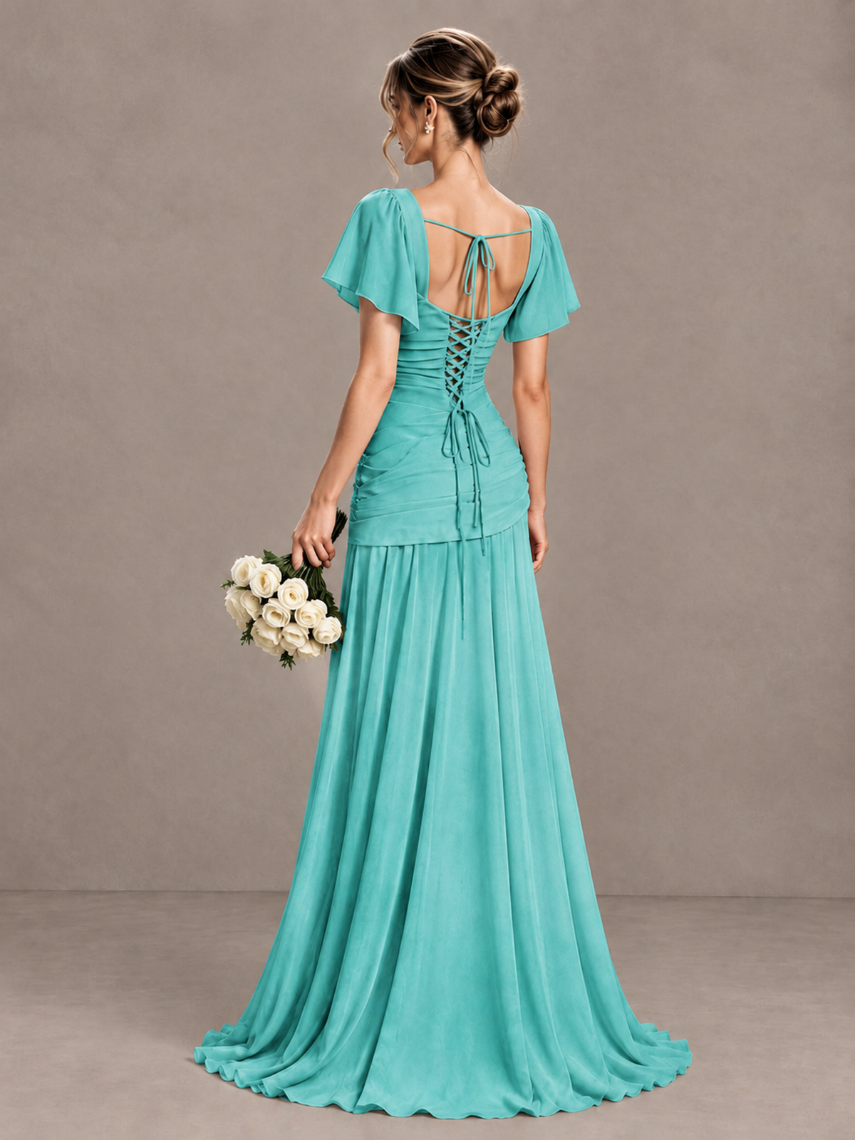 BOLODOO Turquoise Flutter Sleeve Lace-Up Back Maxi Dress - Turquoise - Turquoise (2)