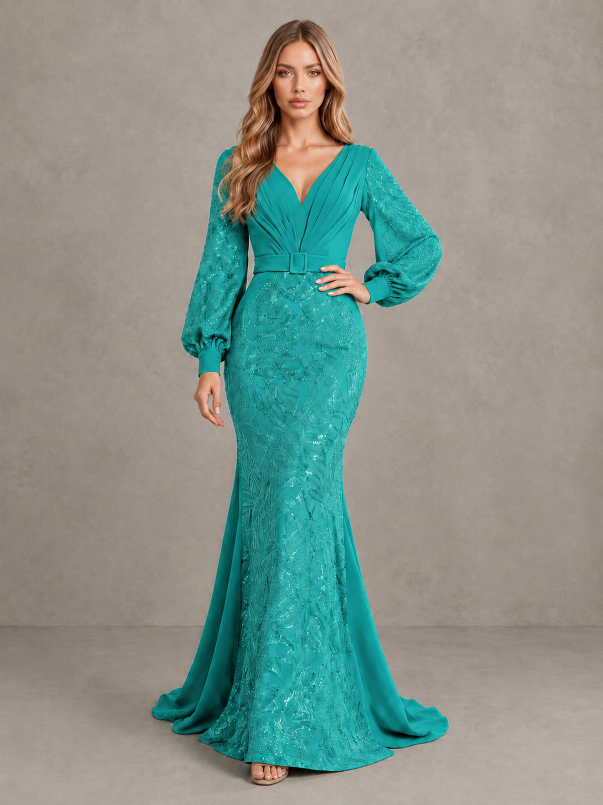 BOLODOO Turquoise Sequin Long Bishop Sleeve Mermaid Evening Dress - Turquoise - Turquoise (3)