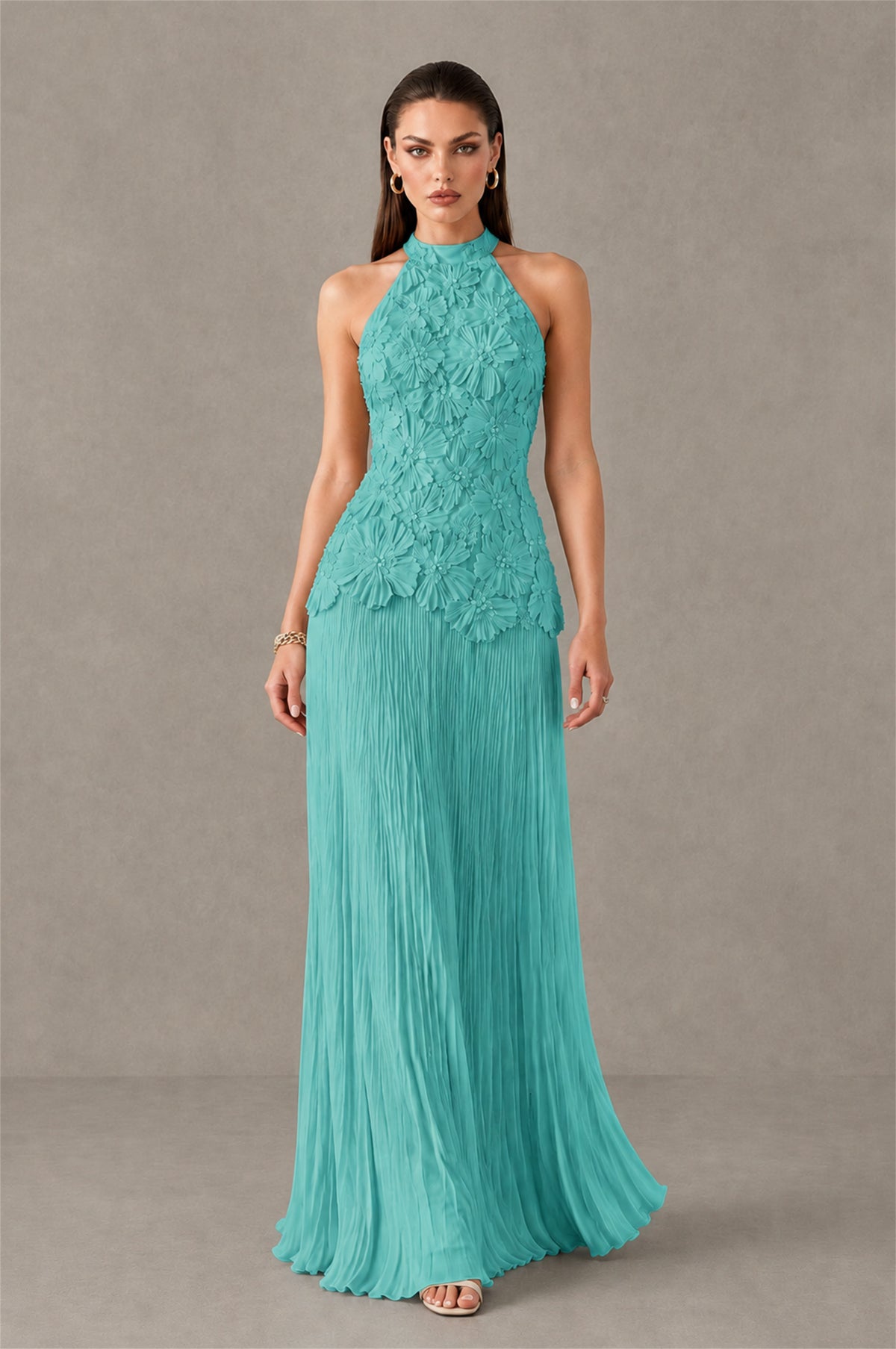 BOLODOO Turquoise 3D Floral Applique Halter Neck Open Back Pleated Maxi Dress - Turquoise