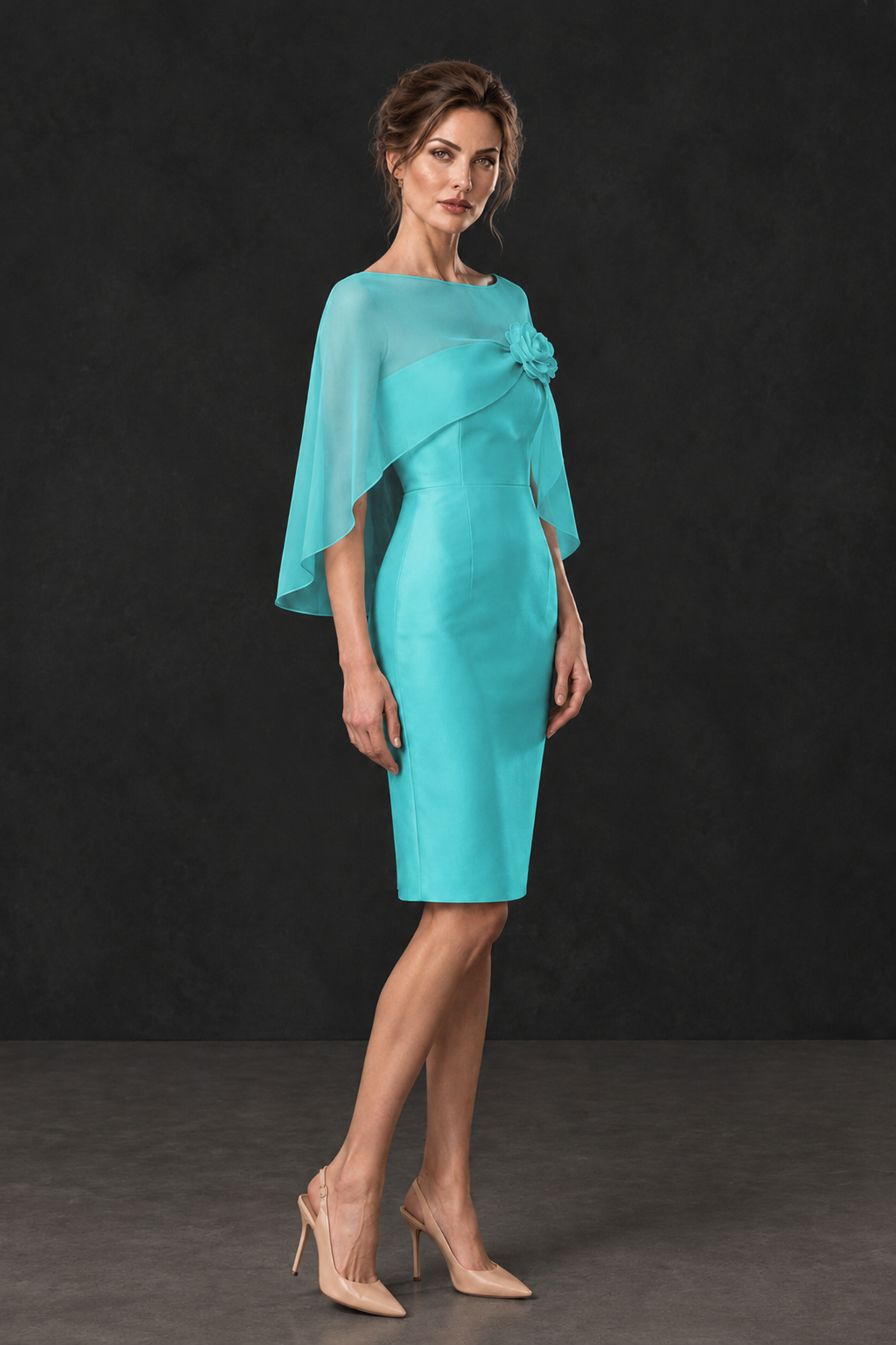 BOLODOO Turquoise Cape Knee-Length Mother of the Bride Dress - Turquoise - Turquoise (3)