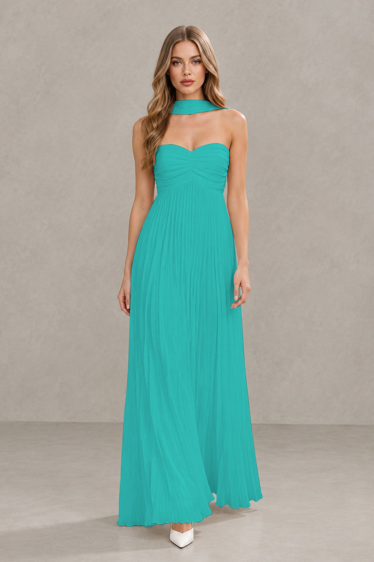 BOLODOO Turquoise Strapless Chiffon-Look Maxi Dress with Lace-Up Back & Cape - Turquoise