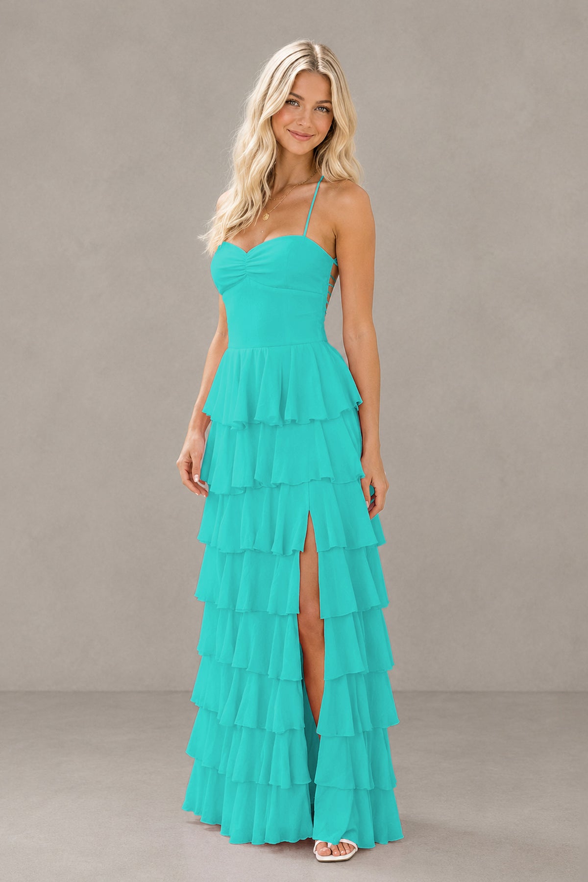 BOLODOO Turquoise Strapless Tiered Ruffle Maxi Dress with Slit & Lace-Up Back - Turquoise