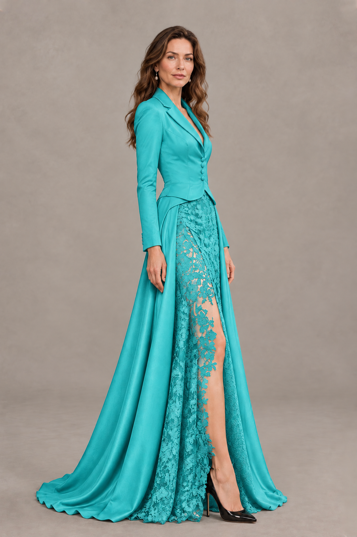BOLODOO Turquoise Long Sleeve Lace Blazer Gown with High Slit - Turquoise - Turquoise (3)
