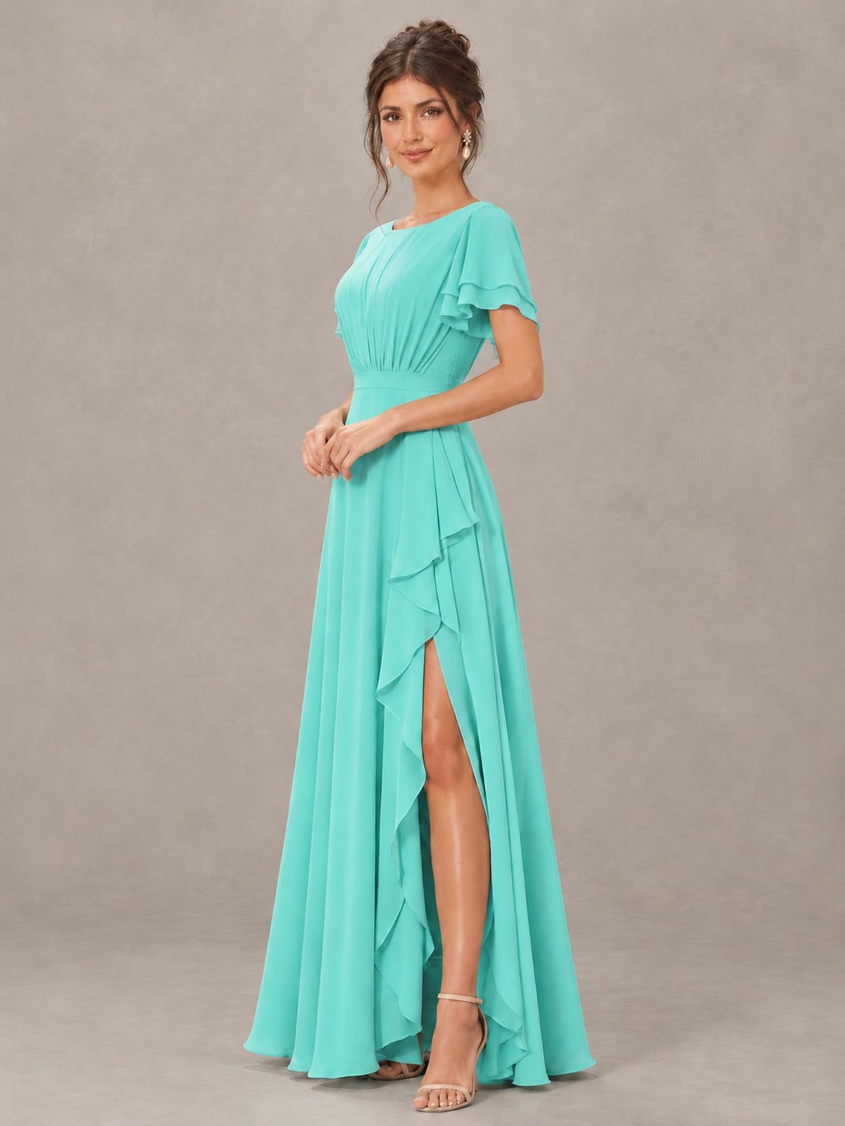 BOLODOO Turquoise Flutter Sleeve Ruffle Bridesmaid Dress with Slit - Turquoise - Turquoise (3)
