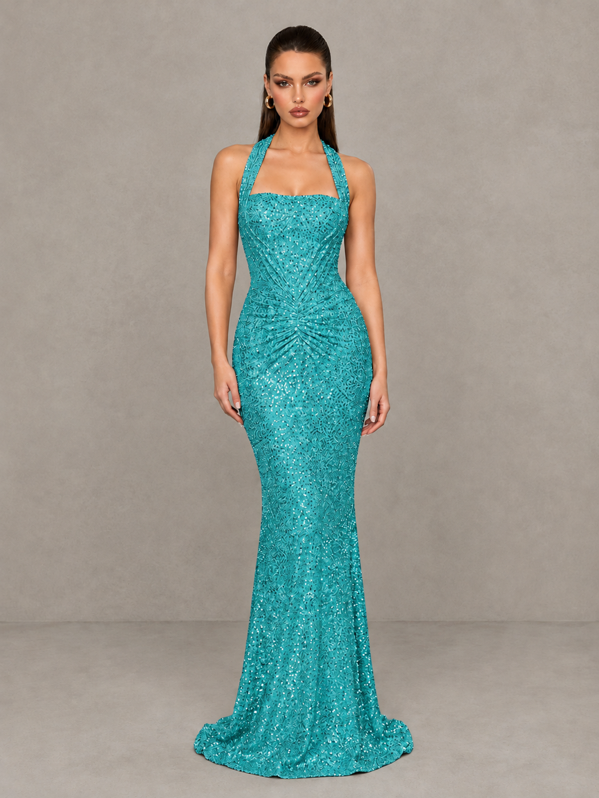 BOLODOO Turquoise Sequin Halter Mermaid Evening Gown - Turquoise - Turquoise (3)