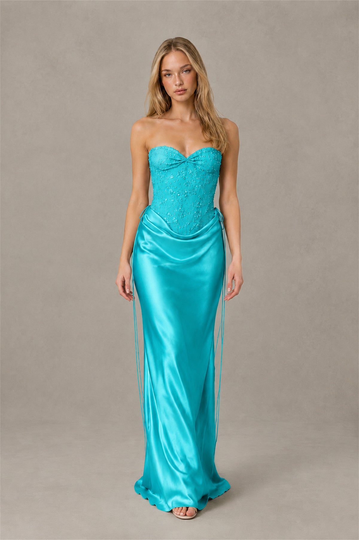 BOLODOO Turquoise Strapless Embellished Corset Satin-Look Maxi Dress - Turquoise