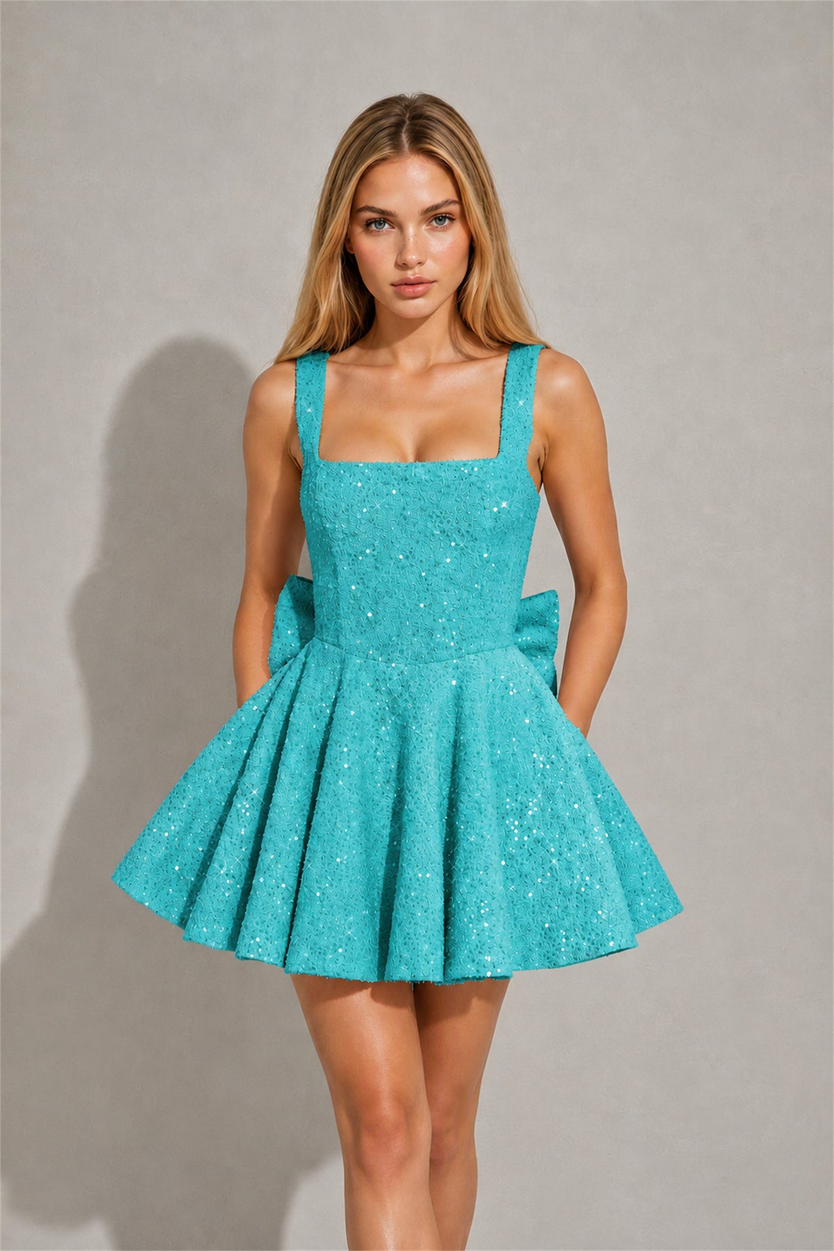 BOLODOO Turquoise Sequin Square Neck Wide Strap Bow Waist Open Back Fit and Flare Mini Dress | Prom Birthday Party Dress - Turquoise