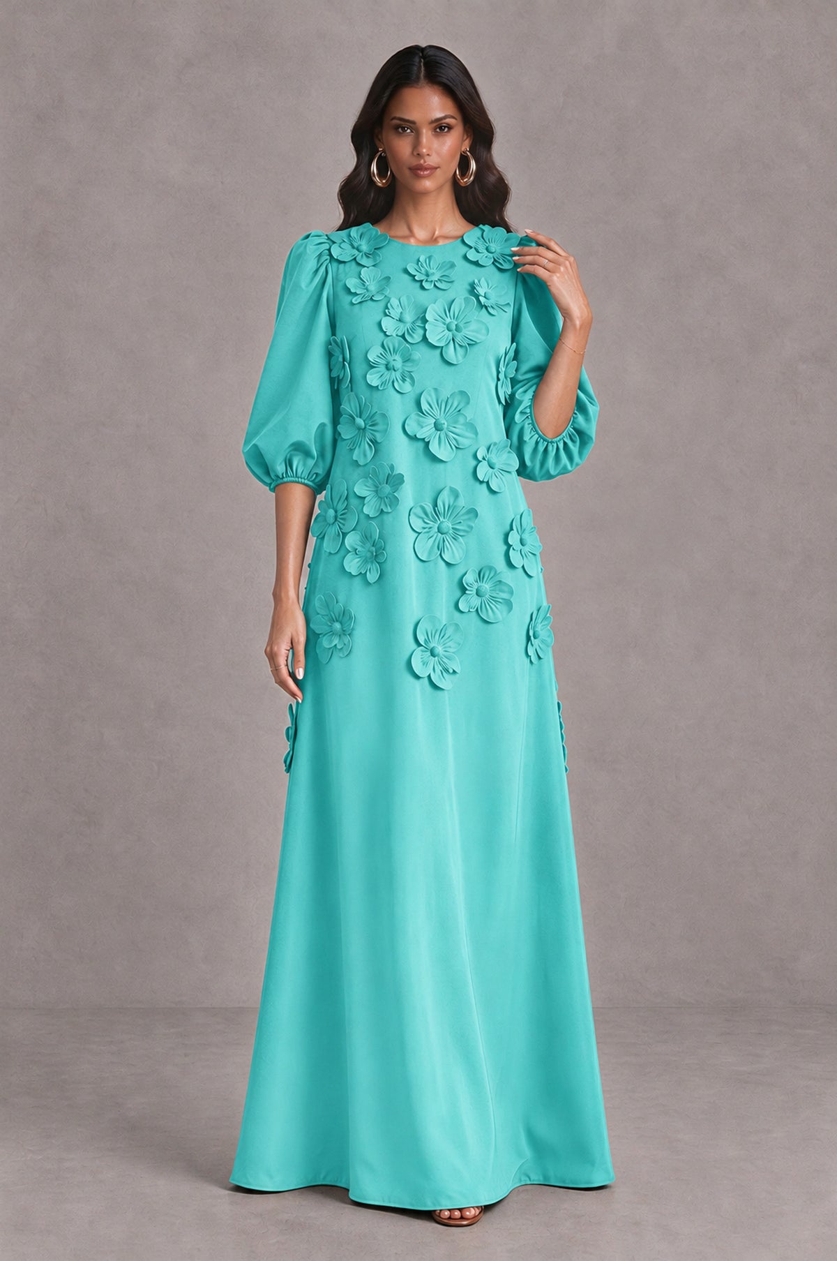 BOLODOO Turquoise Floral Applique Puff Sleeve A-Line Evening Dress - Turquoise - Turquoise (3)