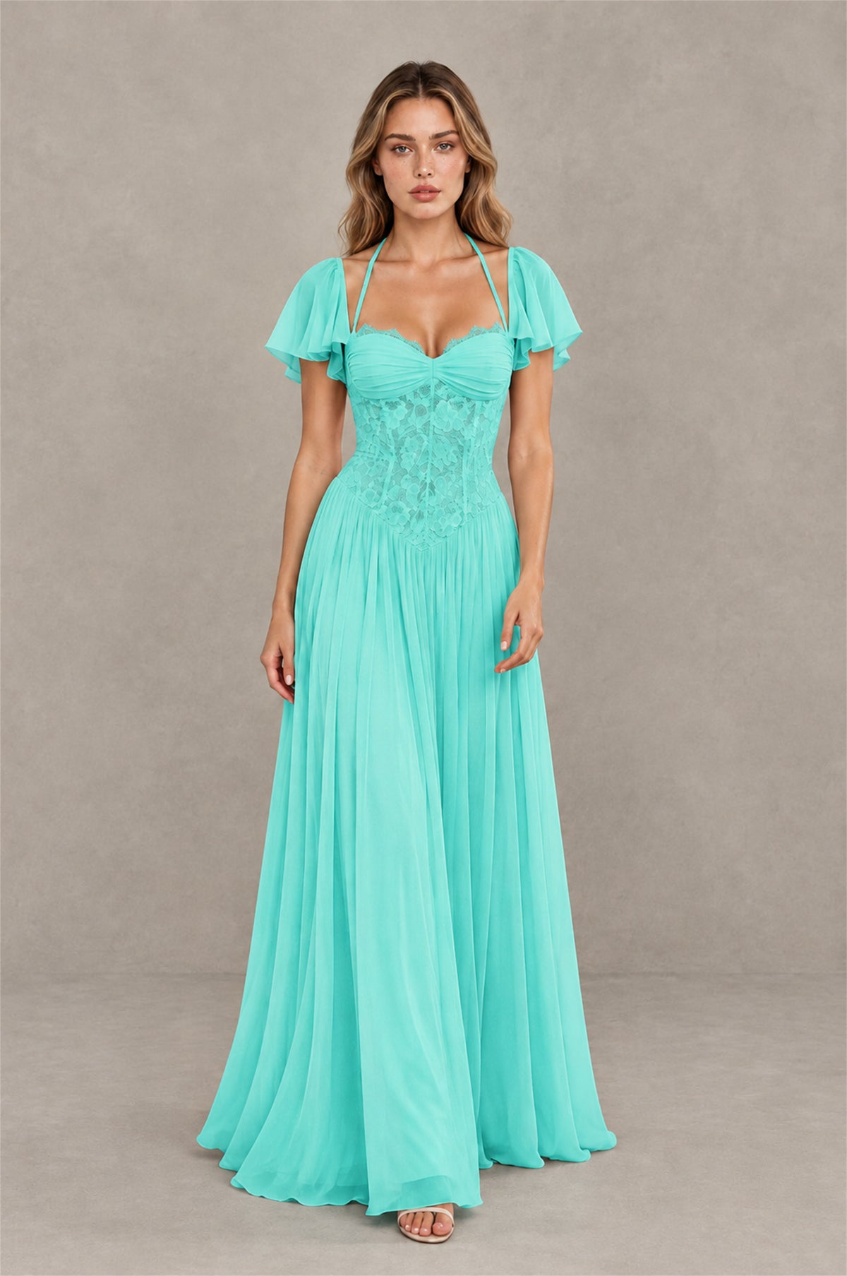BOLODOO Turquoise Flutter Sleeve Lace Corset A-Line Maxi Dress - Turquoise - Turquoise (3)