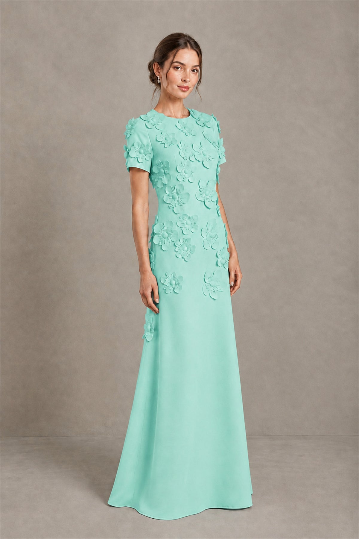 BOLODOO Turquoise Textured Floral Maxi Dress with Short Sleeves - Turquoise