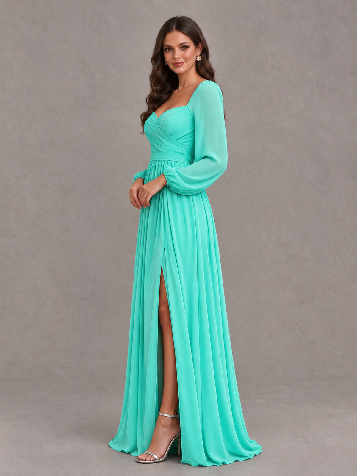 BOLODOO Turquoise Long Sleeve Chiffon Bridesmaid Dress with Slit - Turquoise - Turquoise (3)