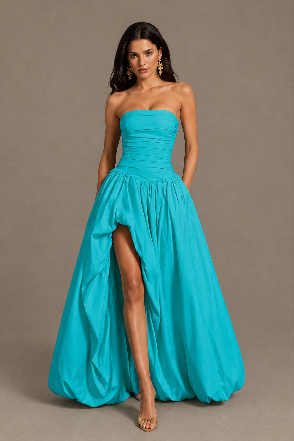 BOLODOO Turquoise Strapless Ruched Corset Lace-Up Back Bubble Skirt High Slit Taffeta Maxi Dress - Turquoise