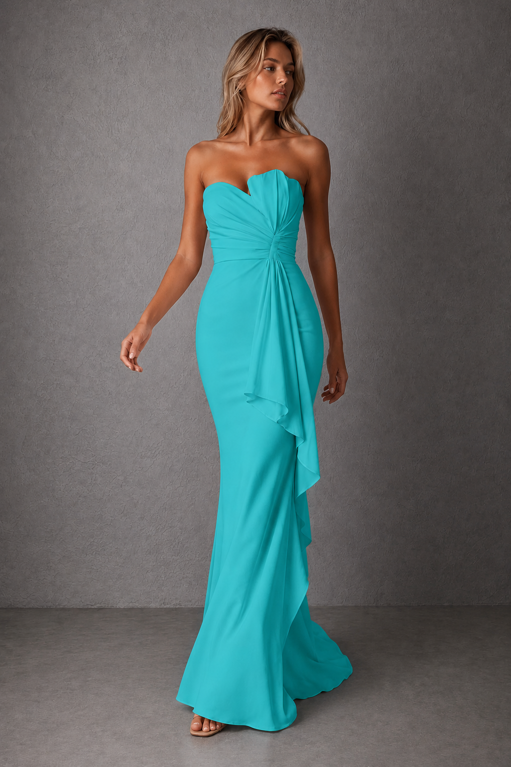 BOLODOO Turquoise Strapless Sweetheart Ruched Mermaid Gown | Cascade Drape Formal Evening Dress - Turquoise
