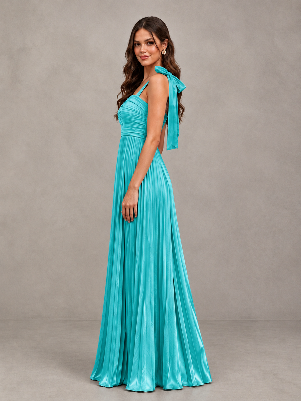 BOLODOO Turquoise Pleated Bow-Strap Bridesmaid Maxi Dress - Turquoise - Turquoise (3)