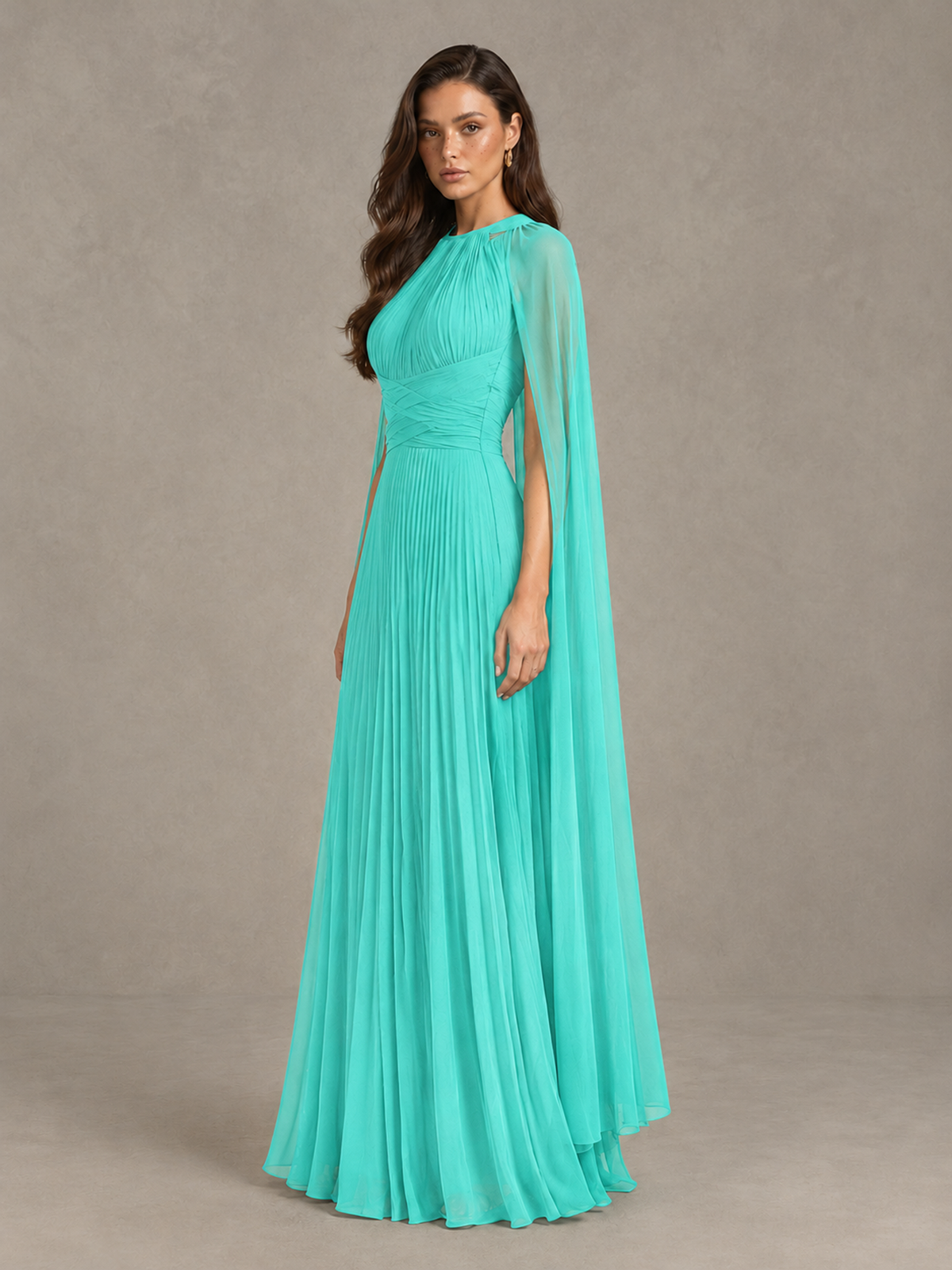 BOLODOO Turquoise Pleated Cape Maxi Wedding Guest Dress - Turquoise - Turquoise (3)
