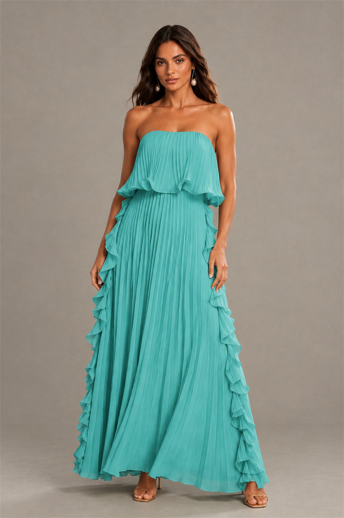 BOLODOO Turquoise Strapless Ruffle Bodice Dual Cascading Ruffle Accordion Pleated Chiffon Maxi Dress - Turquoise