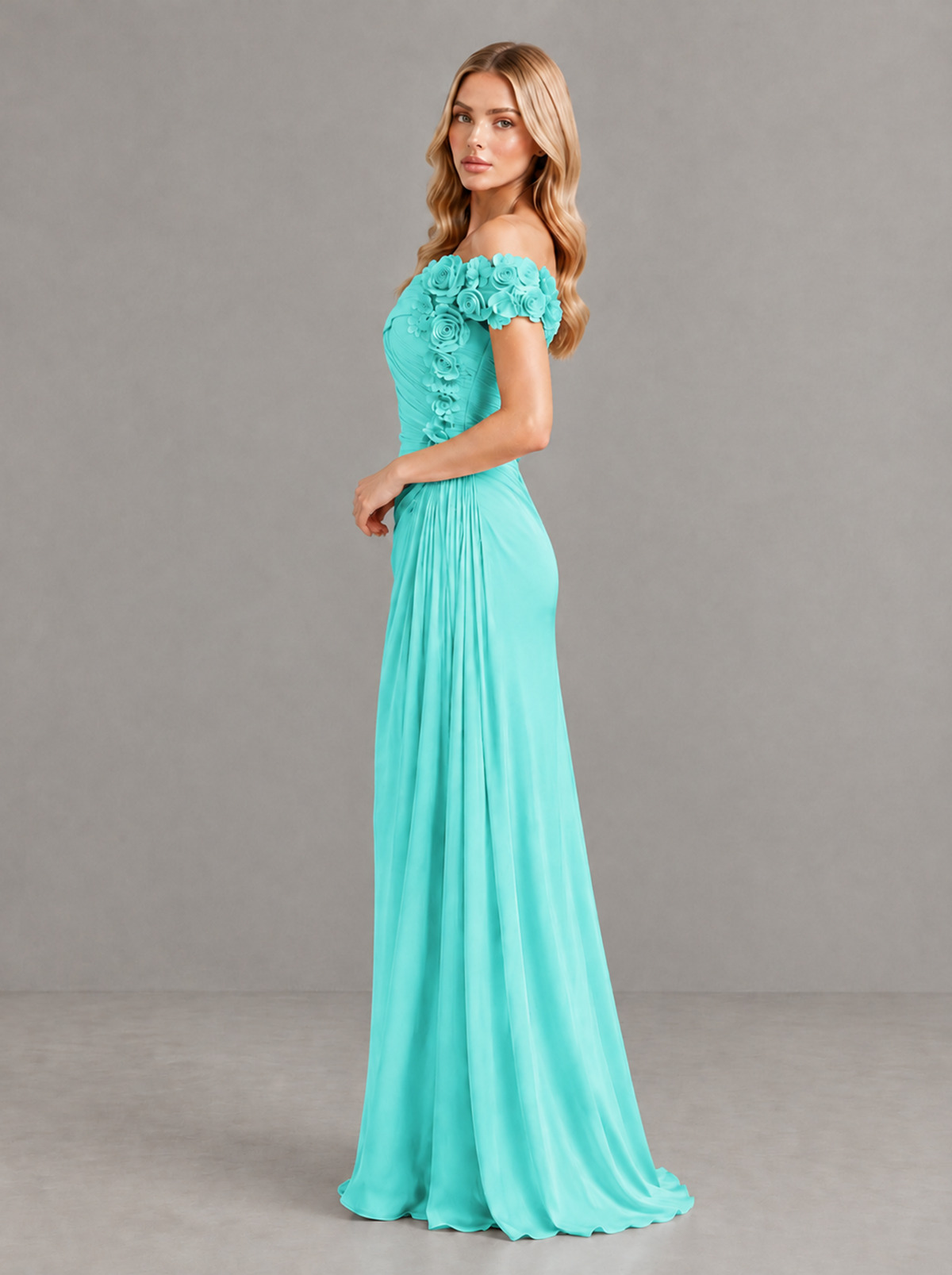 BOLODOO Turquoise Off-Shoulder Floral Applique Wedding Guest Maxi Dress - Turquoise - Turquoise (3)