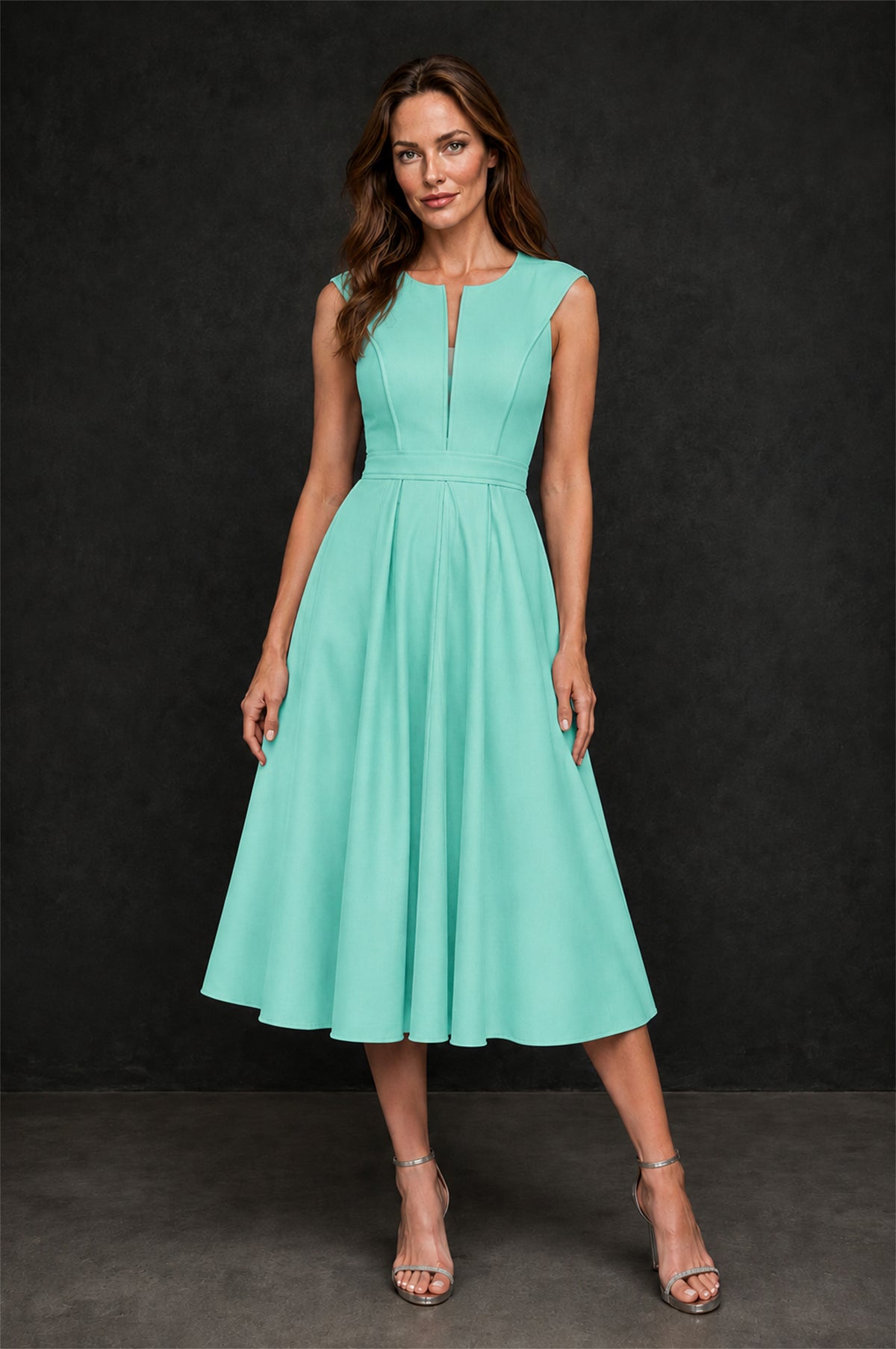 BOLODOO Turquoise 3D Rosette Appliqué 3/4 Sleeve Jacket & V-Notch Sleeveless A-Line Tea-Length Two-Piece Dress Set - Turquoise