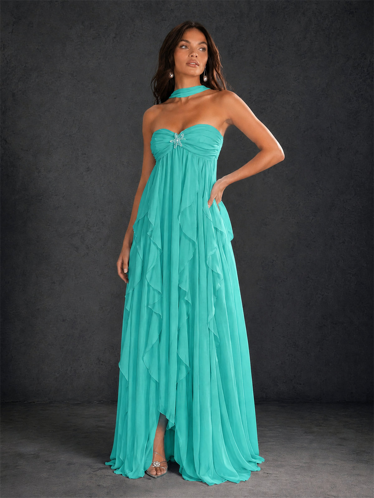 BOLODOO Turquoise Halter Neck Cascading Ruffle Chiffon Maxi Dress | Keyhole Open Back - Turquoise
