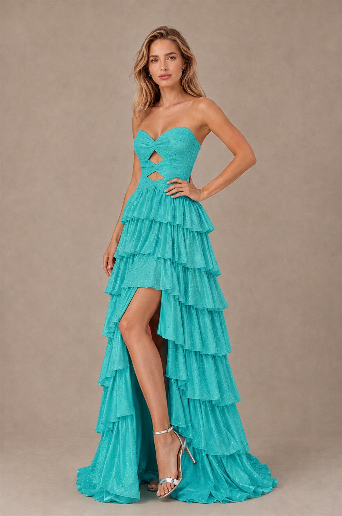 BOLODOO Turquoise Strapless Cutout Tiered Ruffle Prom Dress with High Slit - Turquoise - Turquoise (3)