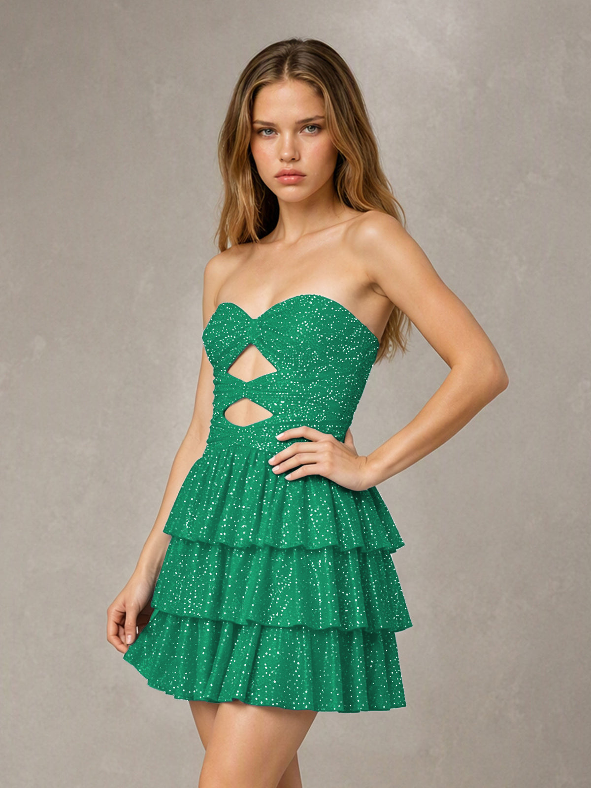 BOLODOO Turquoise Strapless Sweetheart Cutout Glitter Tiered Ruffle Mini Dress | Lace-Up Back Corset - Turquoise