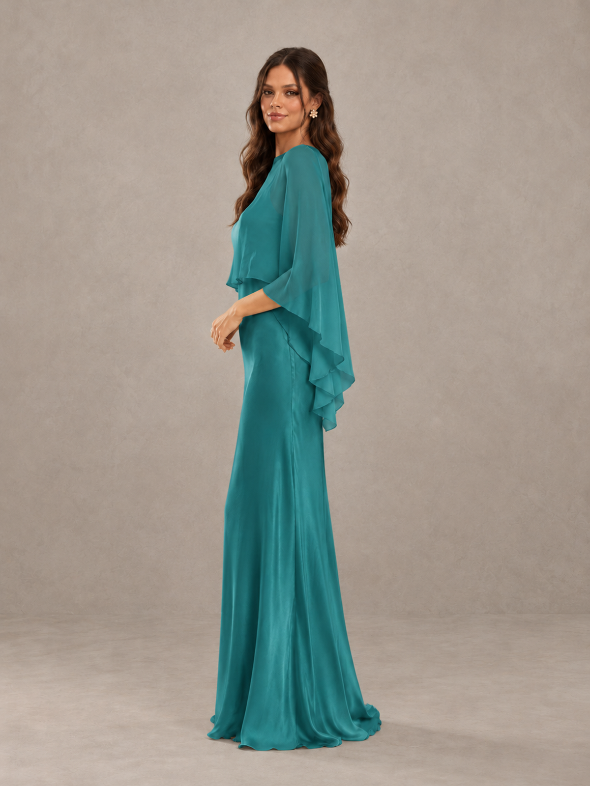 BOLODOO Turquoise Satin Mermaid Bridesmaid Dress with Chiffon Cape - Turquoise - Turquoise (3)