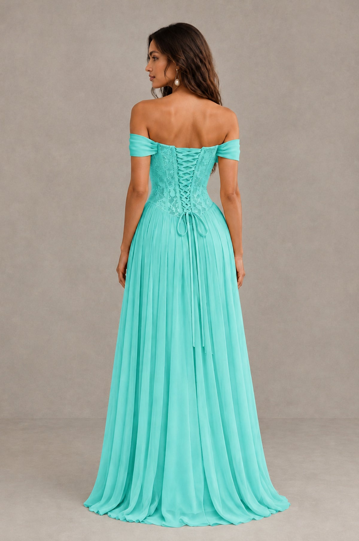 BOLODOO Turquoise Off-Shoulder Lace Corset Tulle Maxi Dress - Turquoise - Turquoise (3)