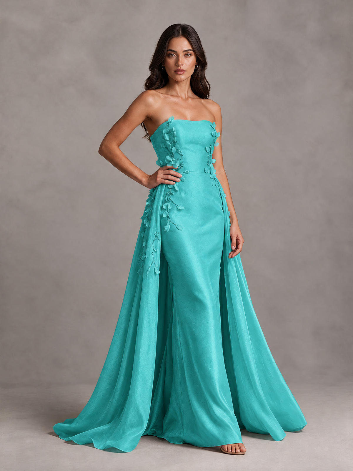 BOLODOO Turquoise Strapless Floral Applique Prom Dress with Overskirt - Turquoise - Turquoise (3)