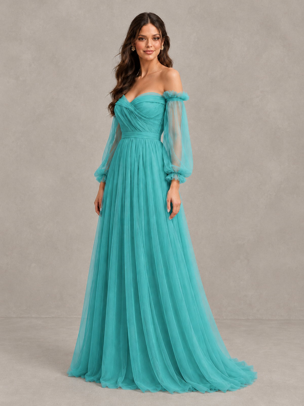 BOLODOO Turquoise Off-the-Shoulder Long Sleeve A-Line Bridesmaid Dress - Turquoise - Turquoise (3)