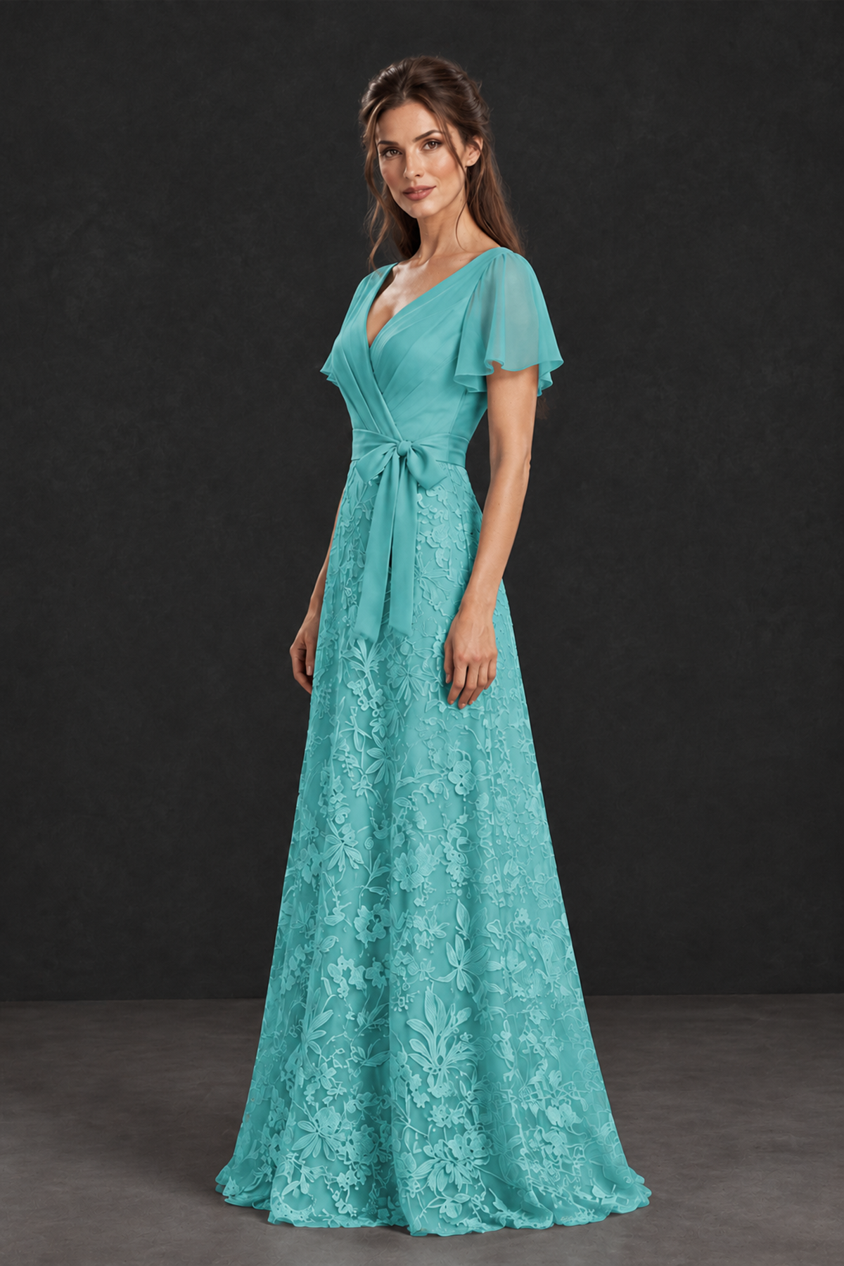 BOLODOO Turquoise Flutter Sleeve Lace Mother of the Bride Dress - Turquoise