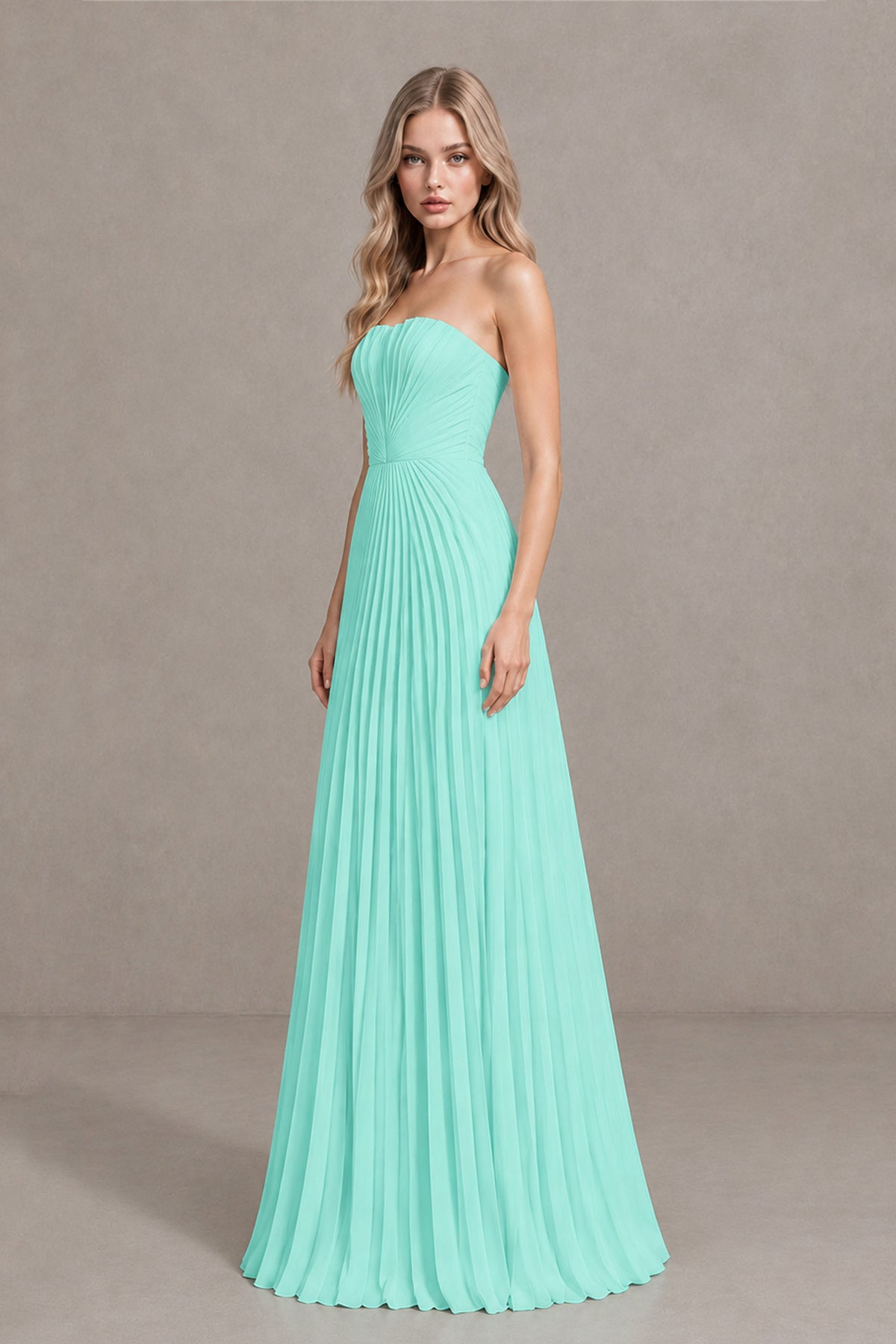 BOLODOO Turquoise Strapless Sunburst Pleated Twisted Knot Lace-Up Back Accordion Pleated Chiffon Maxi Dress - Turquoise