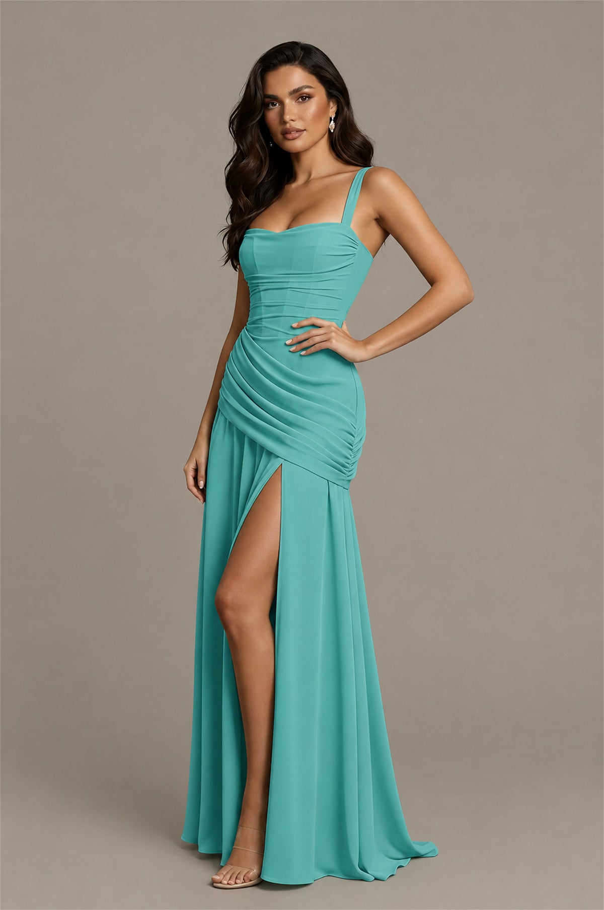 BOLODOO Turquoise Spaghetti Strap Ruched Maxi Dress – Formal Evening Gown with Slit - Turquoise