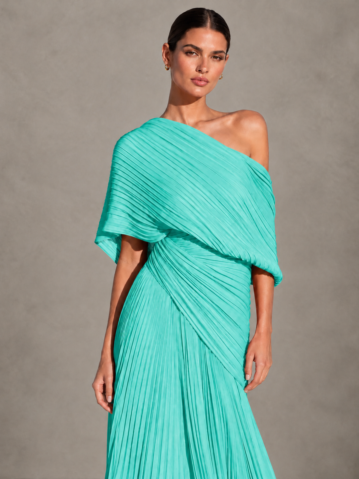 BOLODOO Turquoise One-Shoulder Pleated Cape Evening Gown with Train - Turquoise - Turquoise (3)