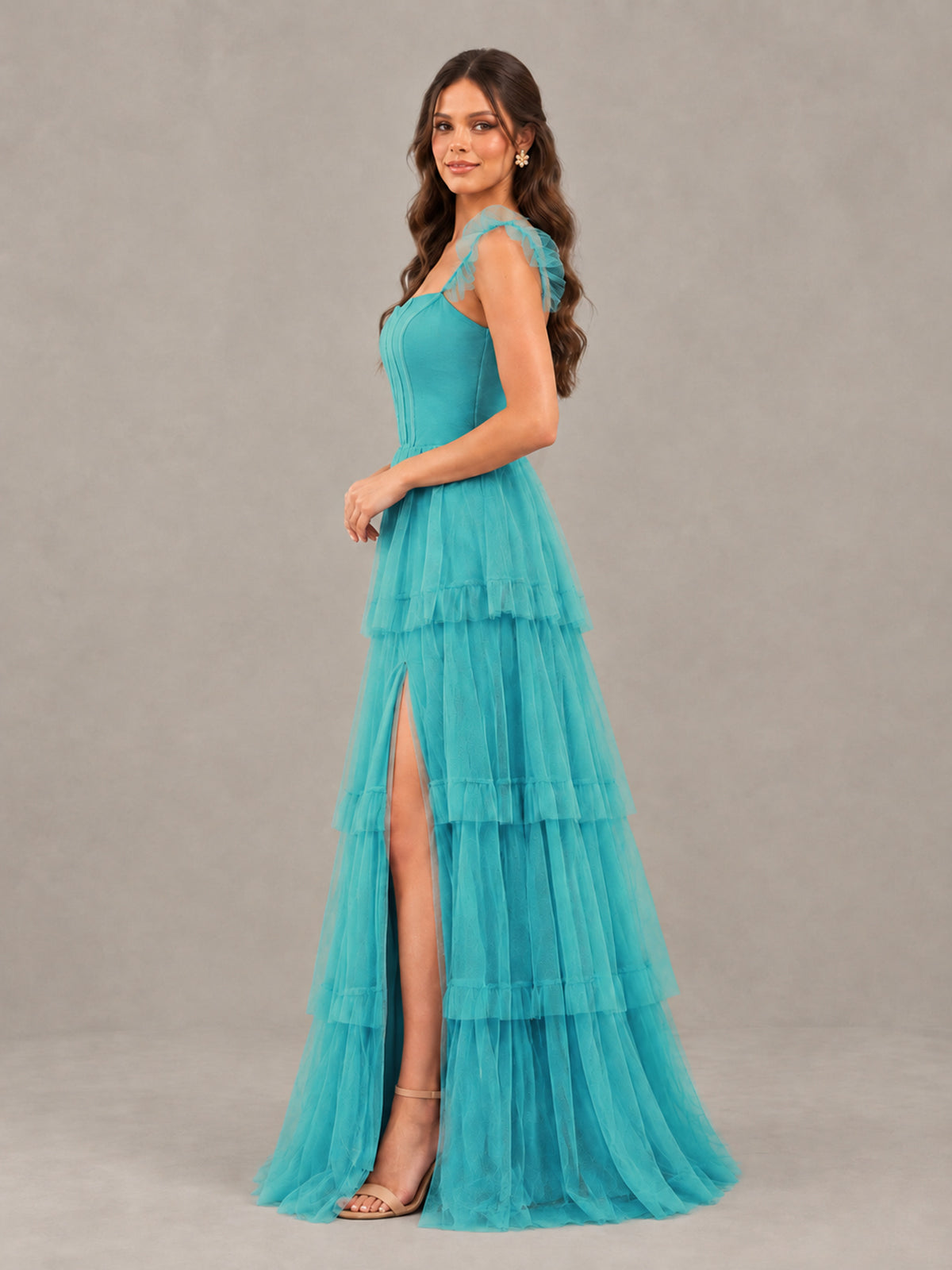 BOLODOO Turquoise Tiered Tulle Bridesmaid Dress with Slit - Turquoise - Turquoise (3)