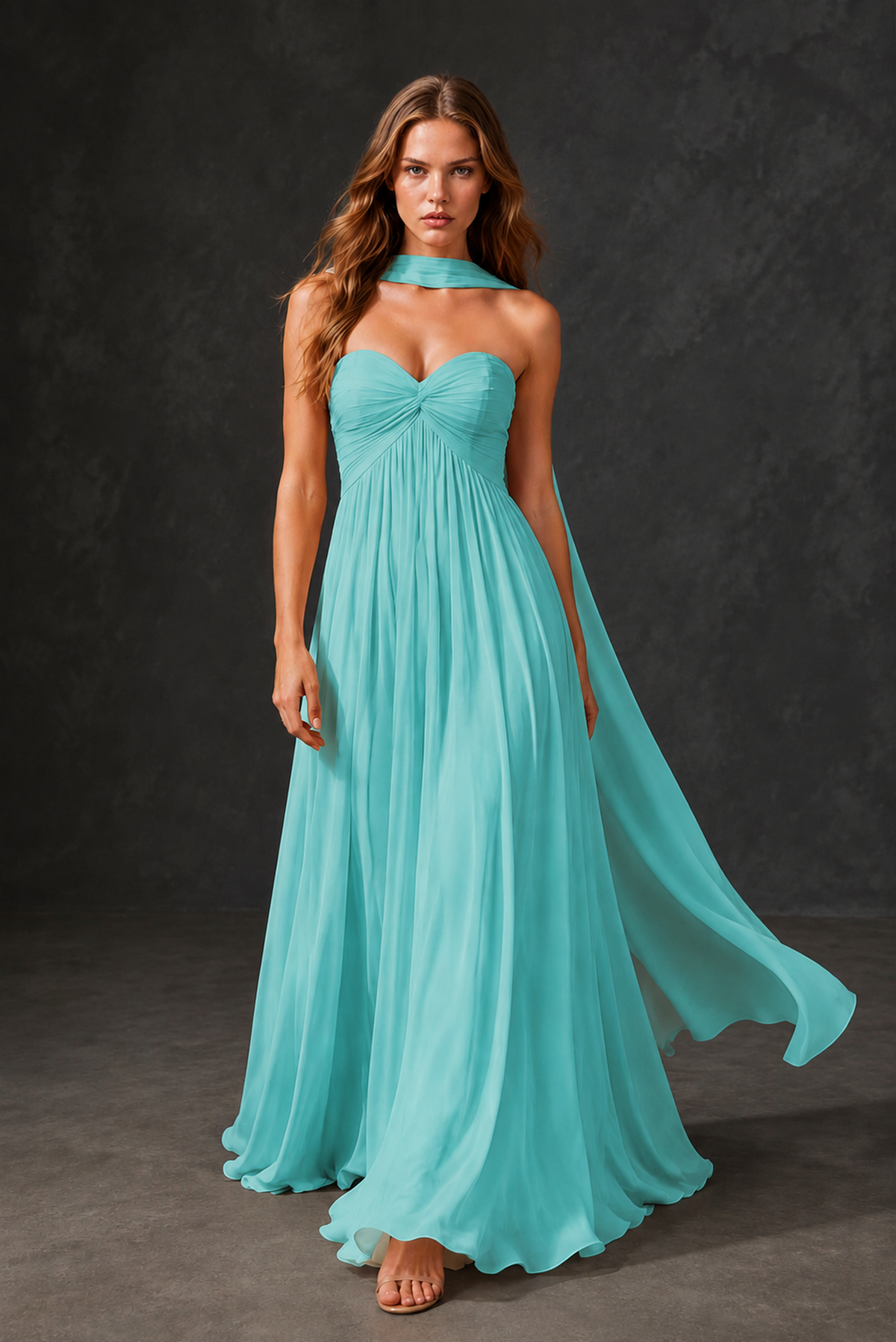 BOLODOO Turquoise Sweetheart Strapless Twist Knot Detached Halter Scarf Lace-Up Back Empire Waist Chiffon Maxi Dress - Turquoise