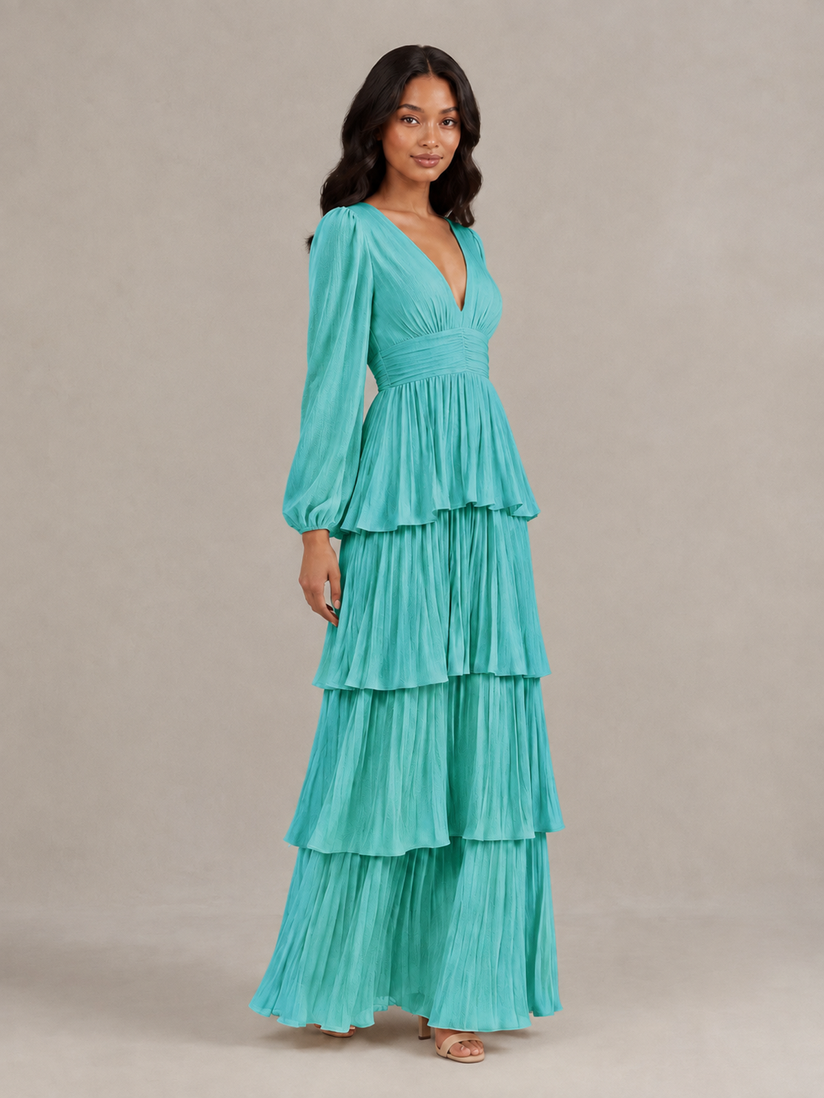 BOLODOO Turquoise Long-Sleeve Tiered Maxi Dress with Deep V-Neck - Turquoise