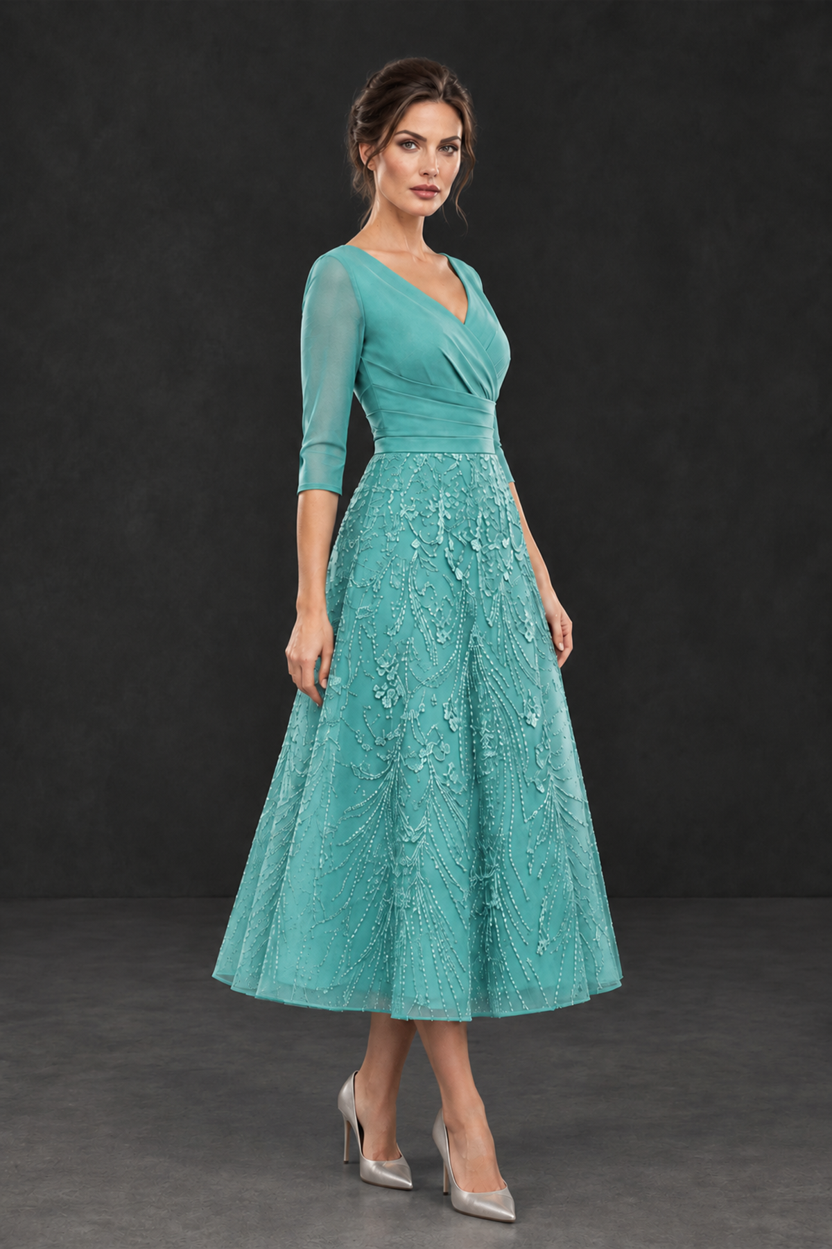 BOLODOO Turquoise V-Neck Tea-Length Lace Mother of the Bride Dress - Turquoise