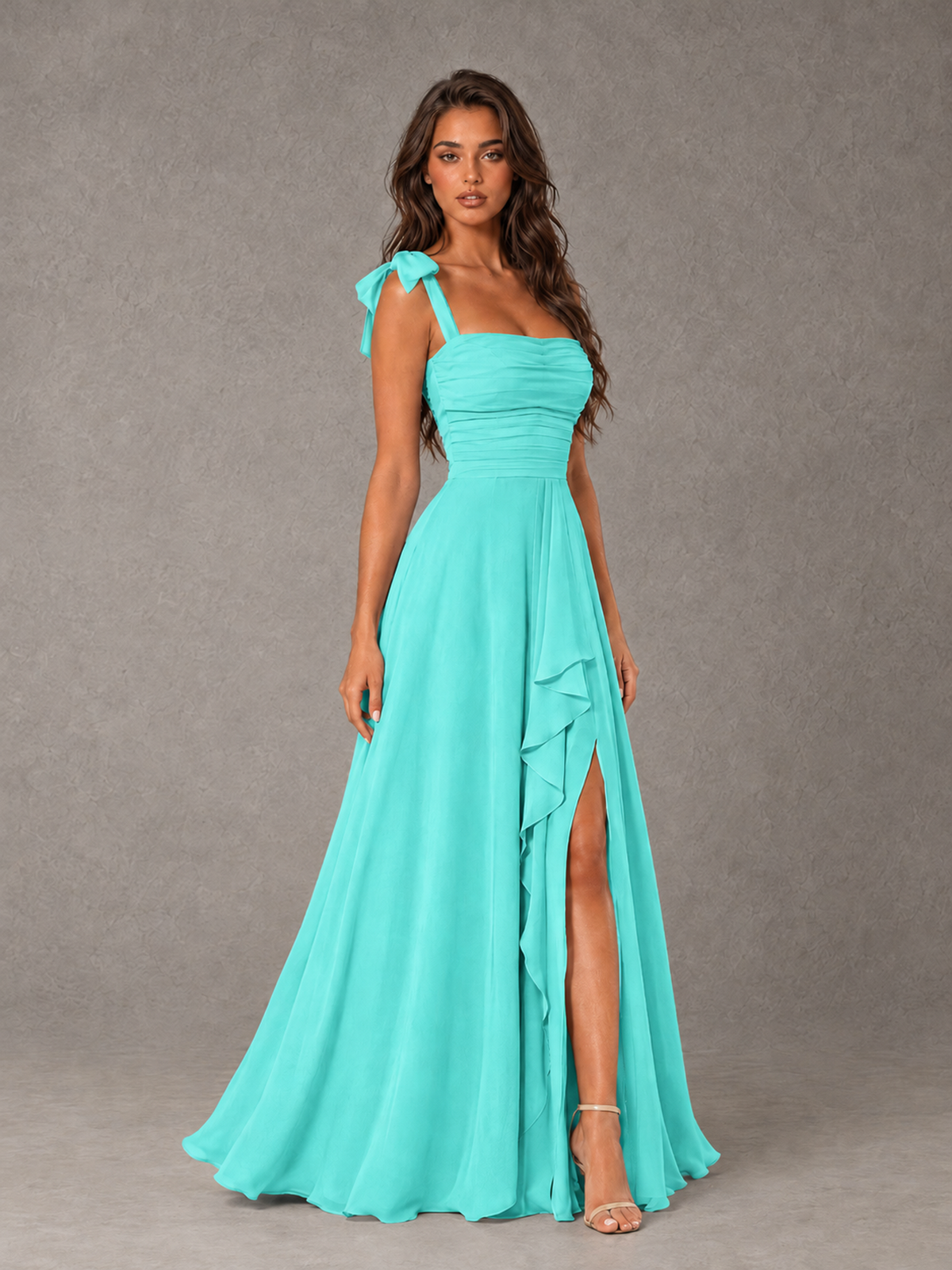 BOLODOO Turquoise Bow-Strap Bridesmaid Dress with Ruffle Slit - Turquoise - Turquoise (3)