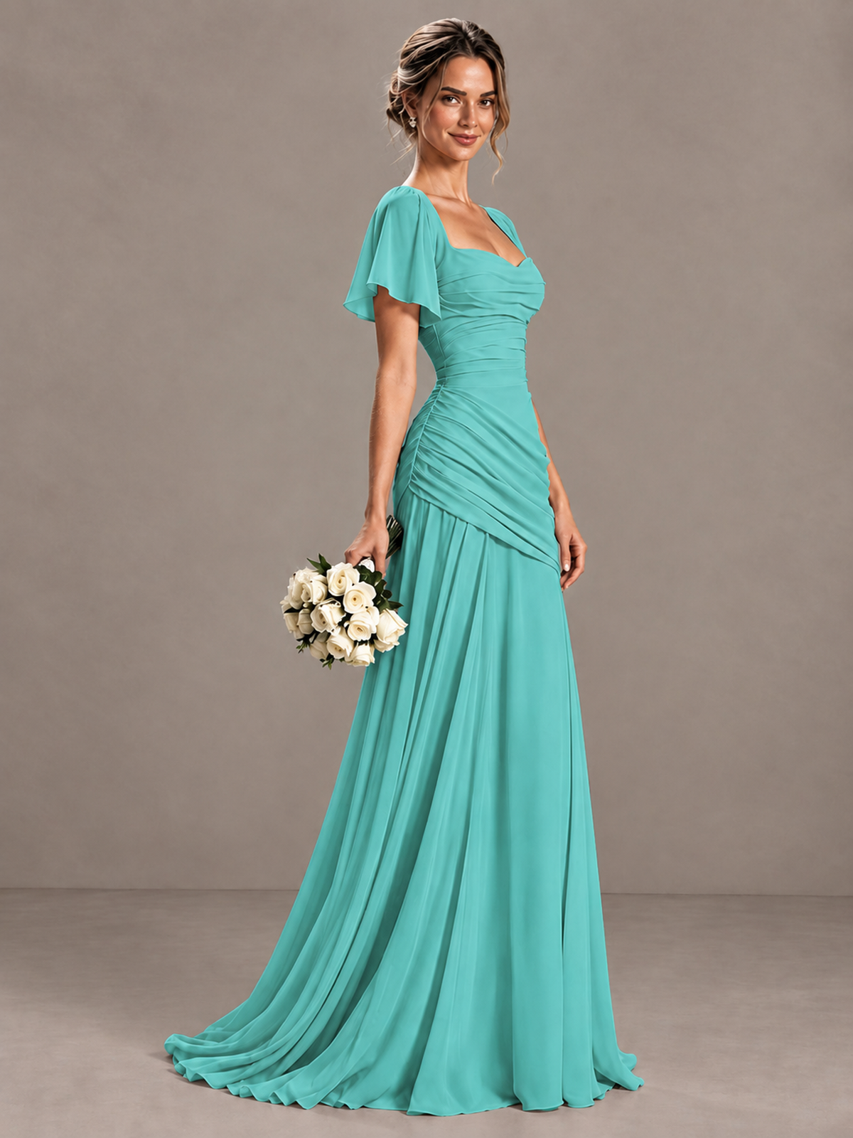 BOLODOO Turquoise Flutter Sleeve Lace-Up Back Maxi Dress - Turquoise - Turquoise (3)
