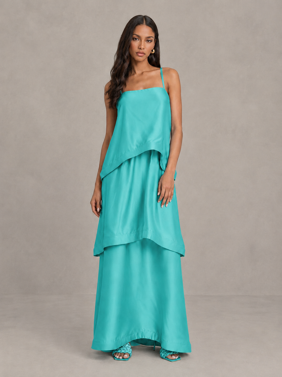 BOLODOO Turquoise Satin Tiered Maxi Dress with Spaghetti Straps - Turquoise