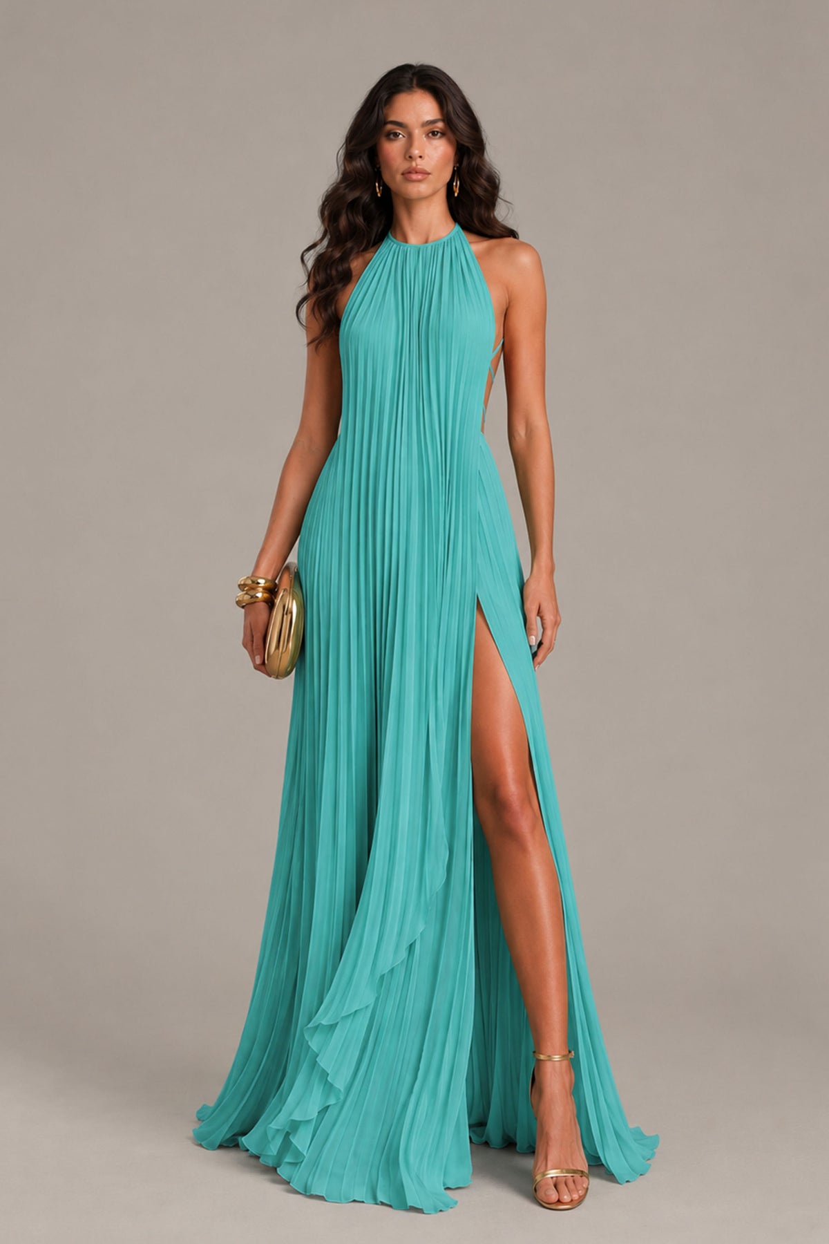 BOLODOO Turquoise Halter Neck Pleated Chiffon Maxi Dress with Side Slit - Turquoise