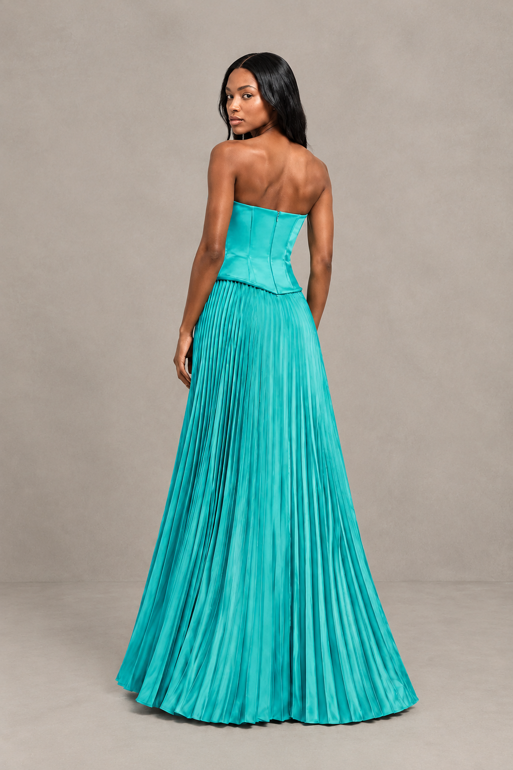 BOLODOO Turquoise Strapless Pleated Satin Evening Prom Dress - Turquoise