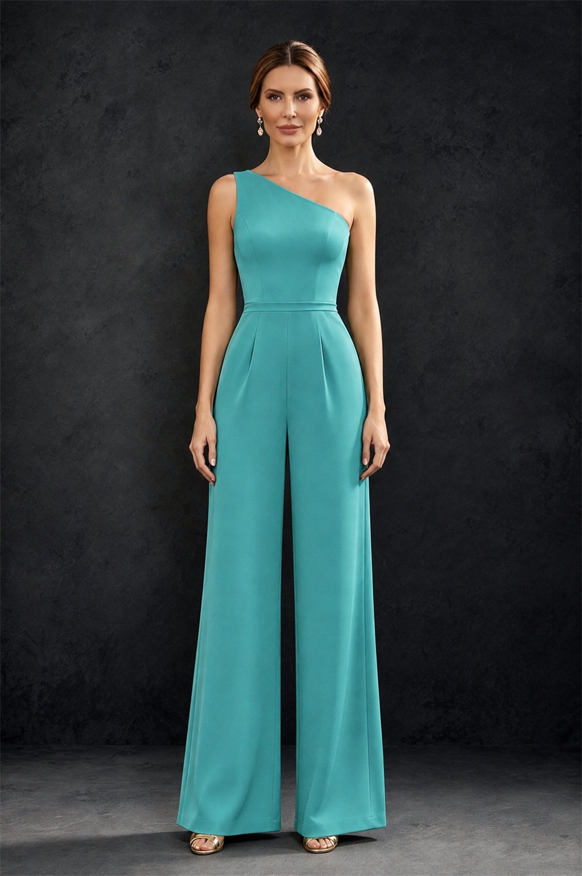 BOLODOO Turquoise 2-Piece Set: Off-Shoulder 3D Floral Cape Gown & One-Shoulder Wide-Leg Jumpsuit | BD0373 - Turquoise