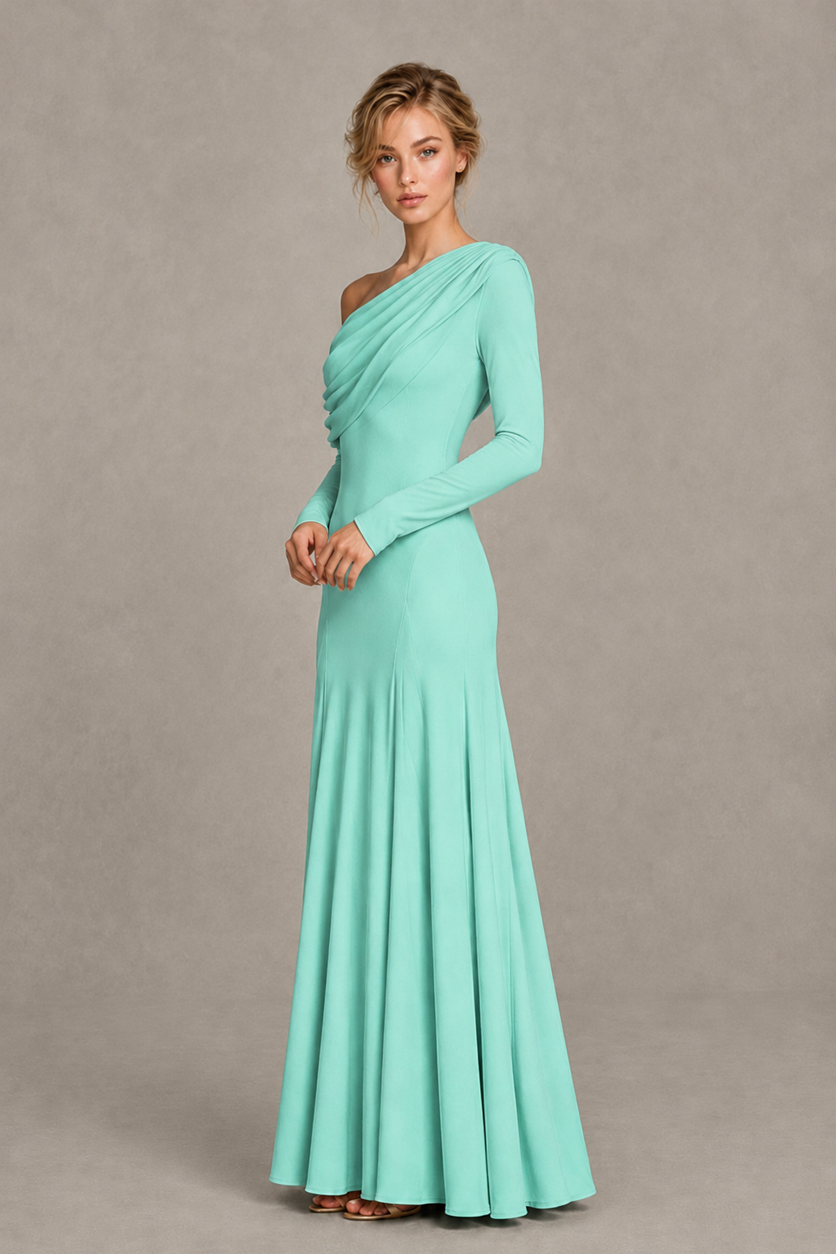 BOLODOO Turquoise Asymmetric Draped Long Sleeve Evening Gown - Turquoise