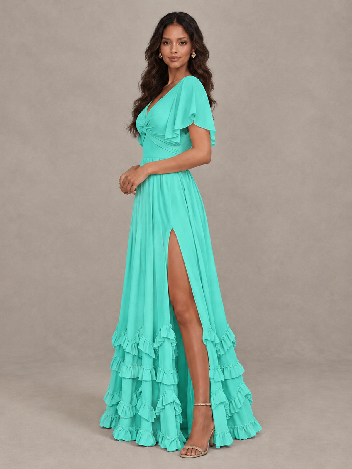 BOLODOO Turquoise V-Neck Flutter Sleeve Ruffle Bridesmaid Dress with Slit - Turquoise - Turquoise (3)