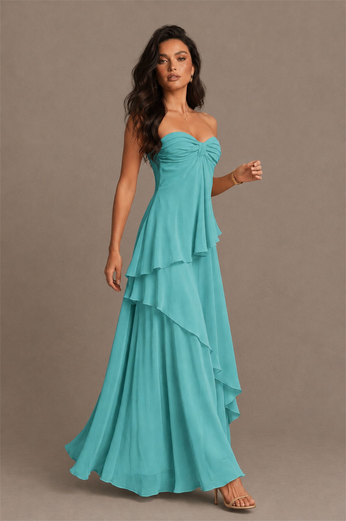 BOLODOO Turquoise Strapless Sweetheart Knotted Chiffon Tiered Maxi Dress with Lace-Up Back - Turquoise