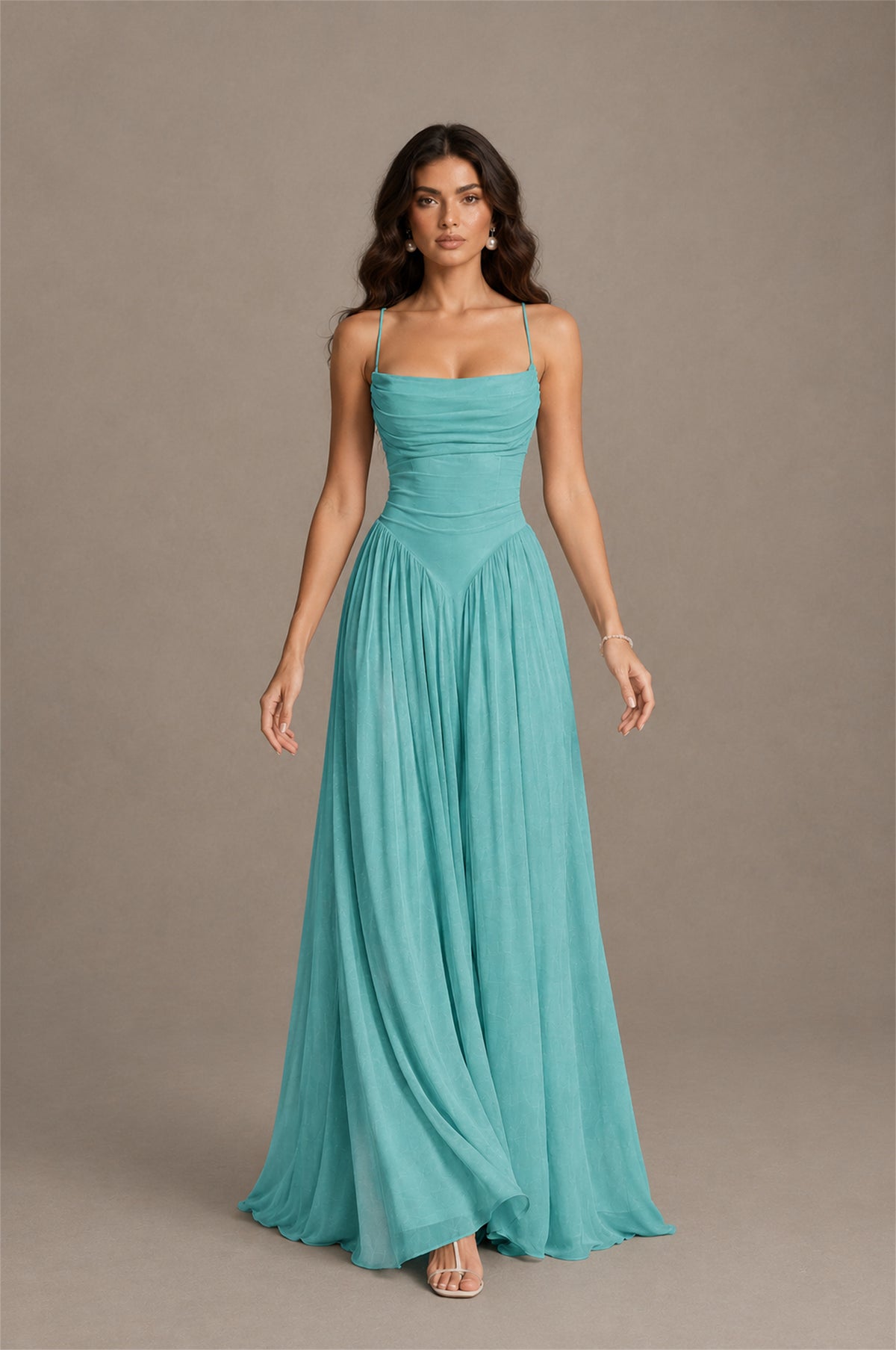 BOLODOO Turquoise Spaghetti Strap Square Neck Ruched Chiffon Maxi Dress with Lace-Up Back - Turquoise