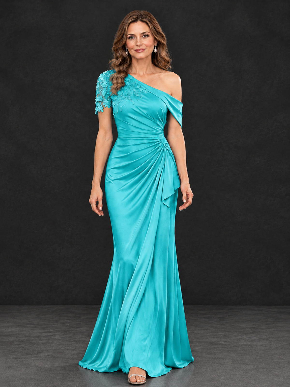 BOLODOO Turquoise Asymmetric Satin Mother of the Bride Dress with Lace Sleeve - Turquoise - Turquoise (3)